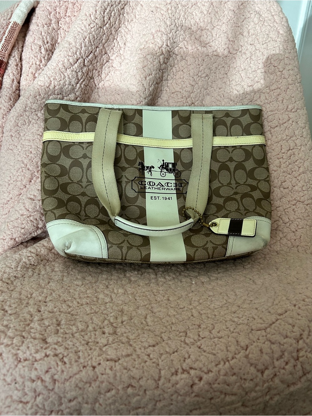 Coach Canvas Signature Stripe Tote in Brown and Cream with Pale Yellow Trim